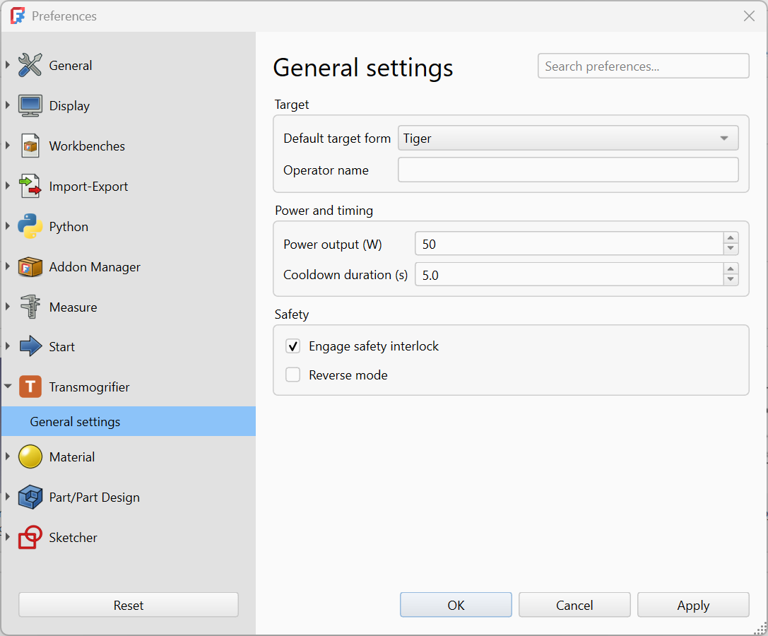 Transmogrifier preferences page in FreeCAD's preferences dialog