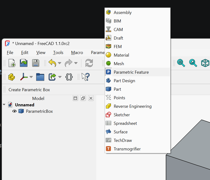 Parametric Feature workbench in the Workbench selector dropdown, alongside the built-in workbenches and another addon (Transmogrifier)