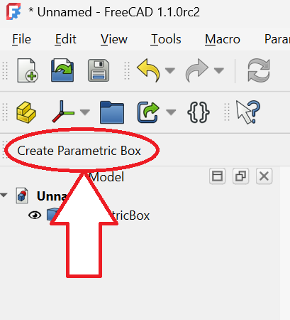 The "Create Parametric Box" command appearing in its own toolbar after the workbench is activated