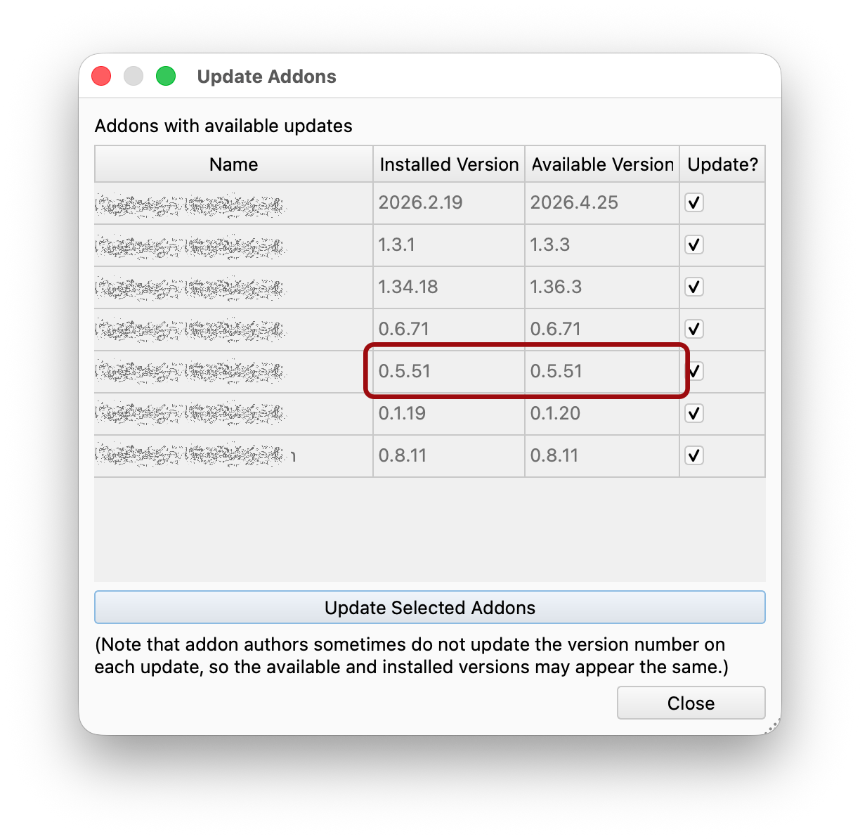 Addon Manager showing an available update where the installed and available versions are identical