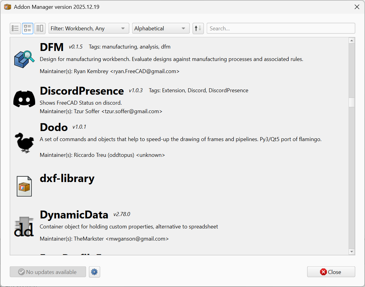 Addon Manager in Expanded view