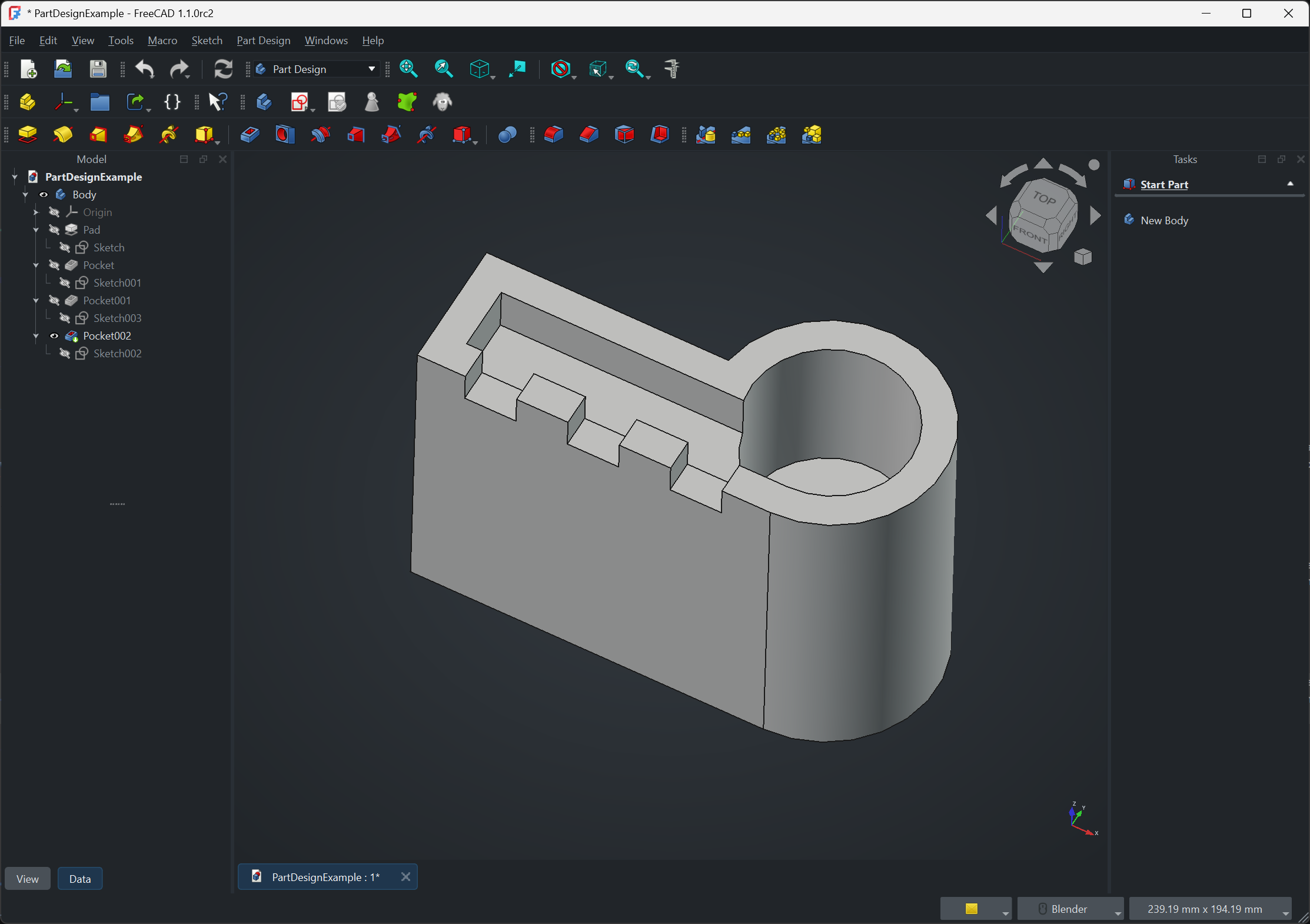 OpenDark theme applied to the same Part Design example