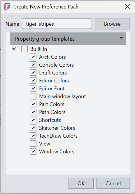 FreeCAD's Save New Preference Pack dialog, where the .cfg is exported