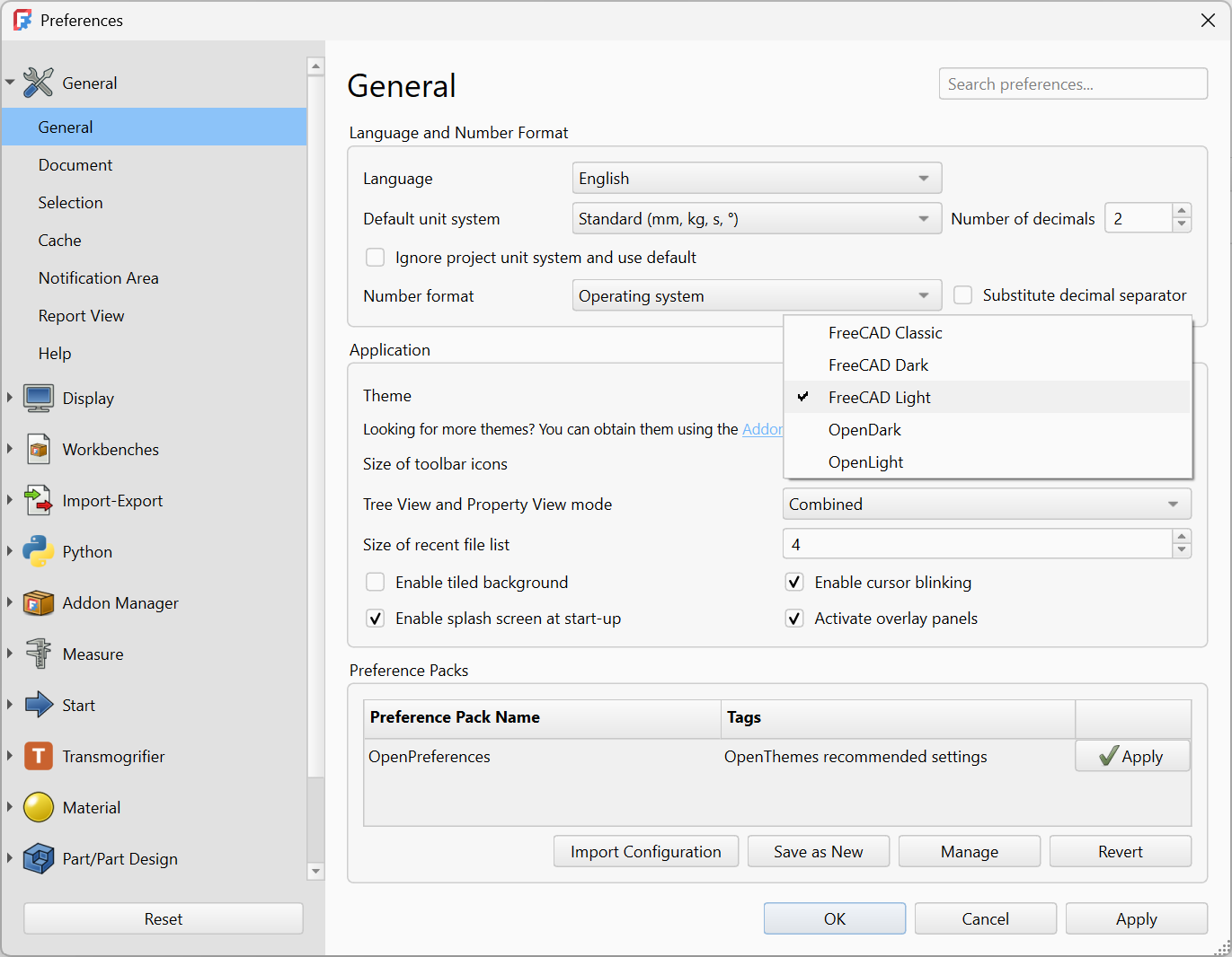 FreeCAD's theme picker showing multiple themes from installed addons