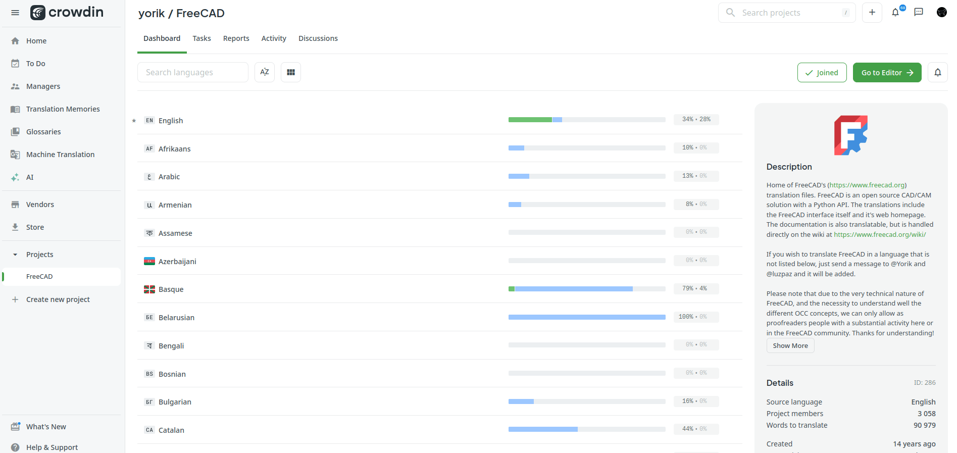 Crowdin FreeCAD dashboard