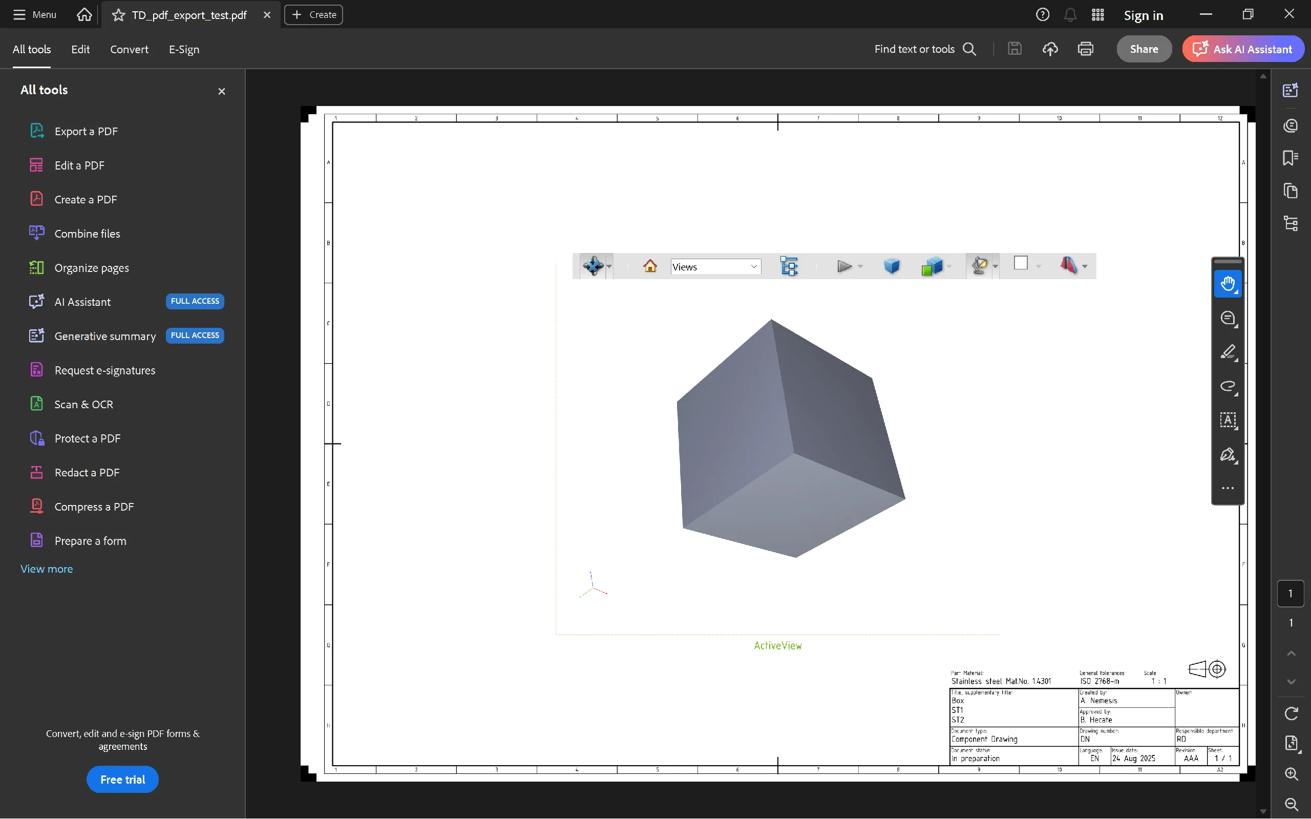 3D PDF export - A quick test file opened in Adobe Reader