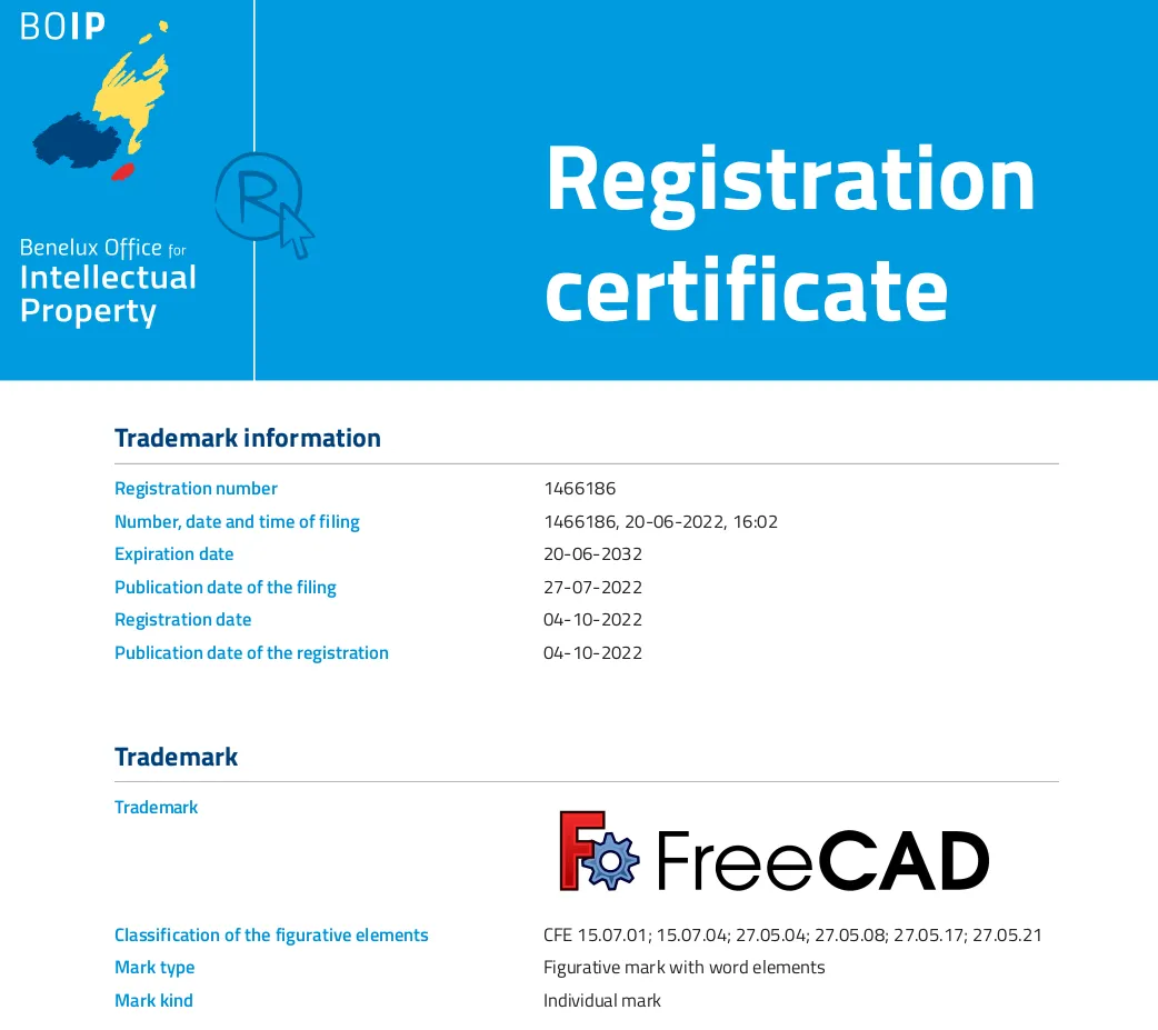 The FreeCAD Project Association now owns a trademark