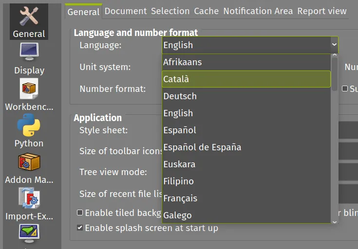 FreeCAD language dropdown