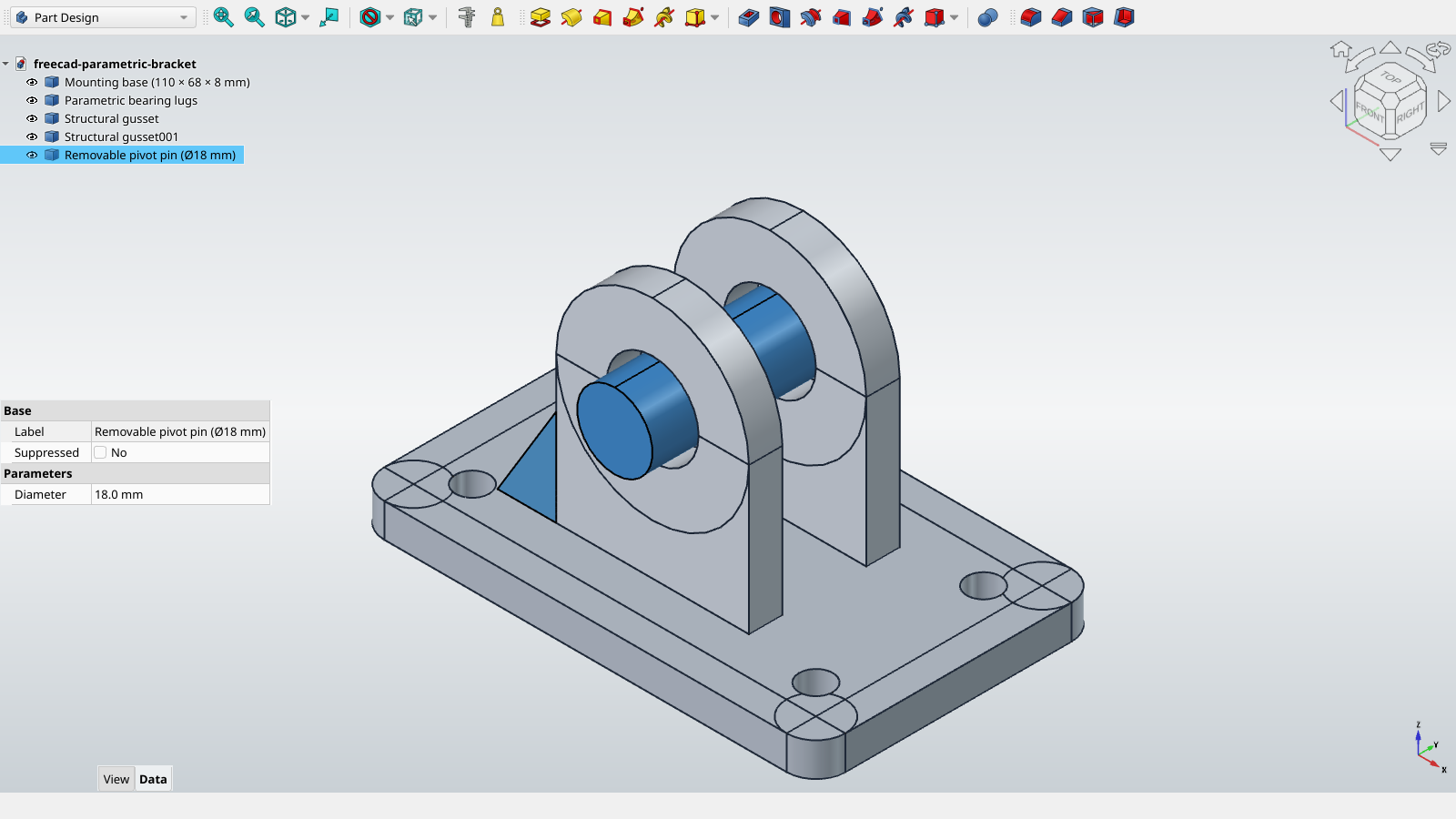A parametric mechanical clevis bracket with its feature tree and editable dimensions in FreeCAD