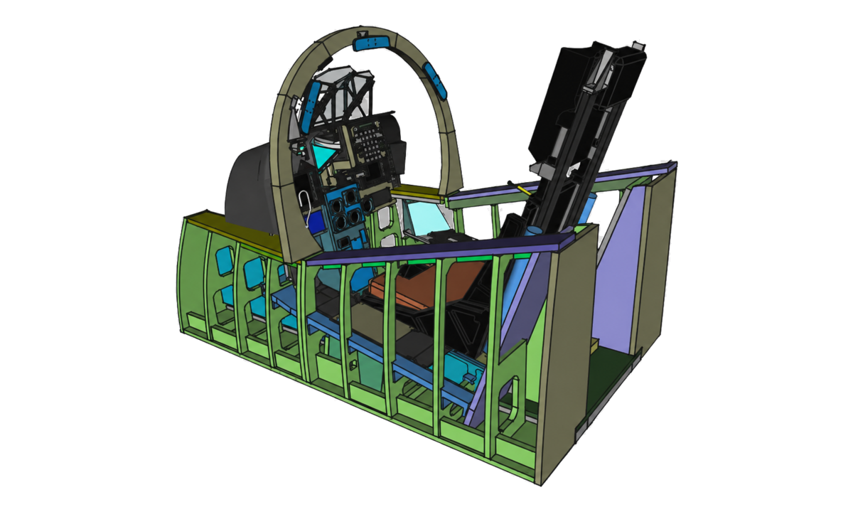 A full-scale flight simulator cockpit assembly designed in FreeCAD