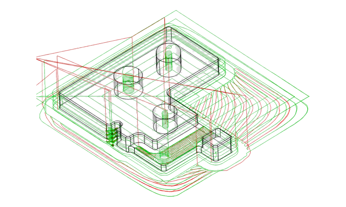 CAM toolpaths prepared around a machined part in FreeCAD