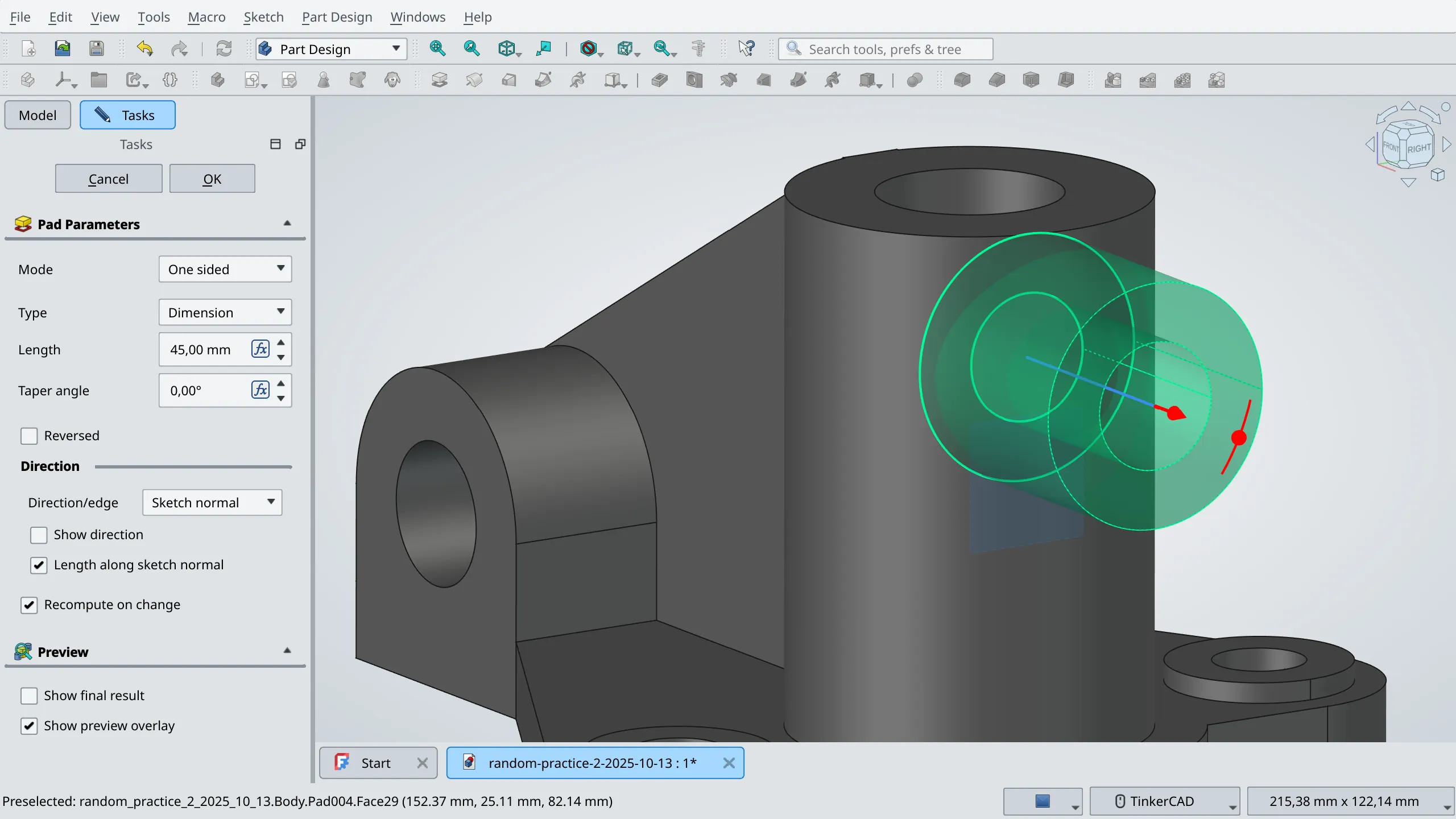 On-view controls for Length and Taper Angle in the Pad command