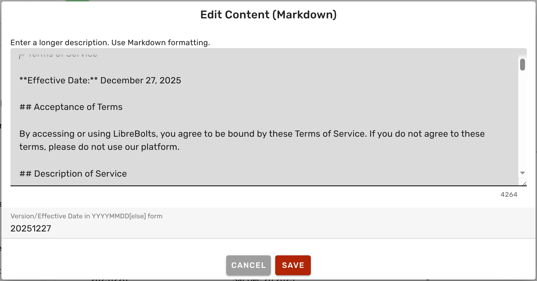 insert new terms of service text