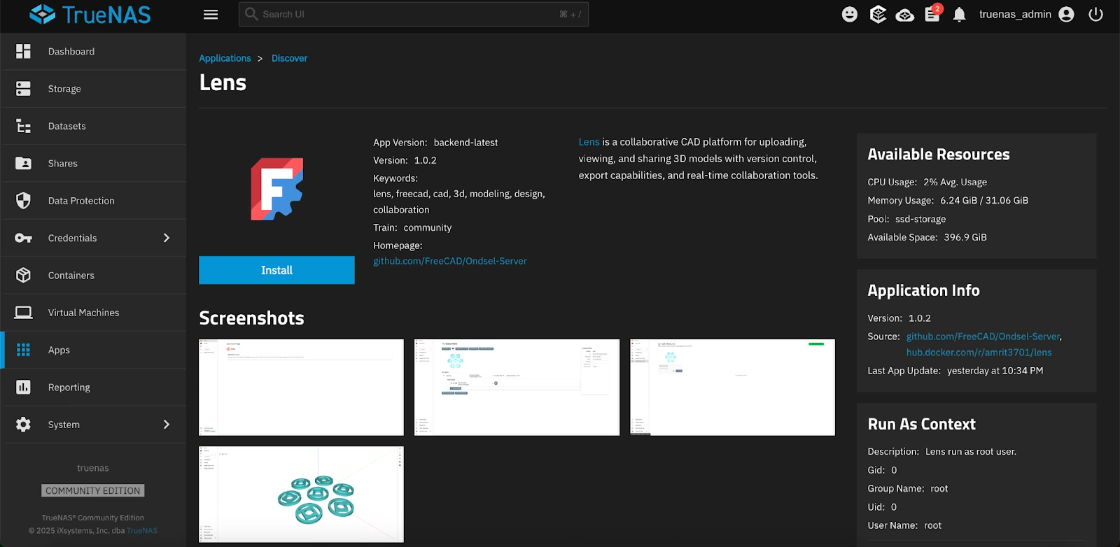 Lens on TrueNAS app market