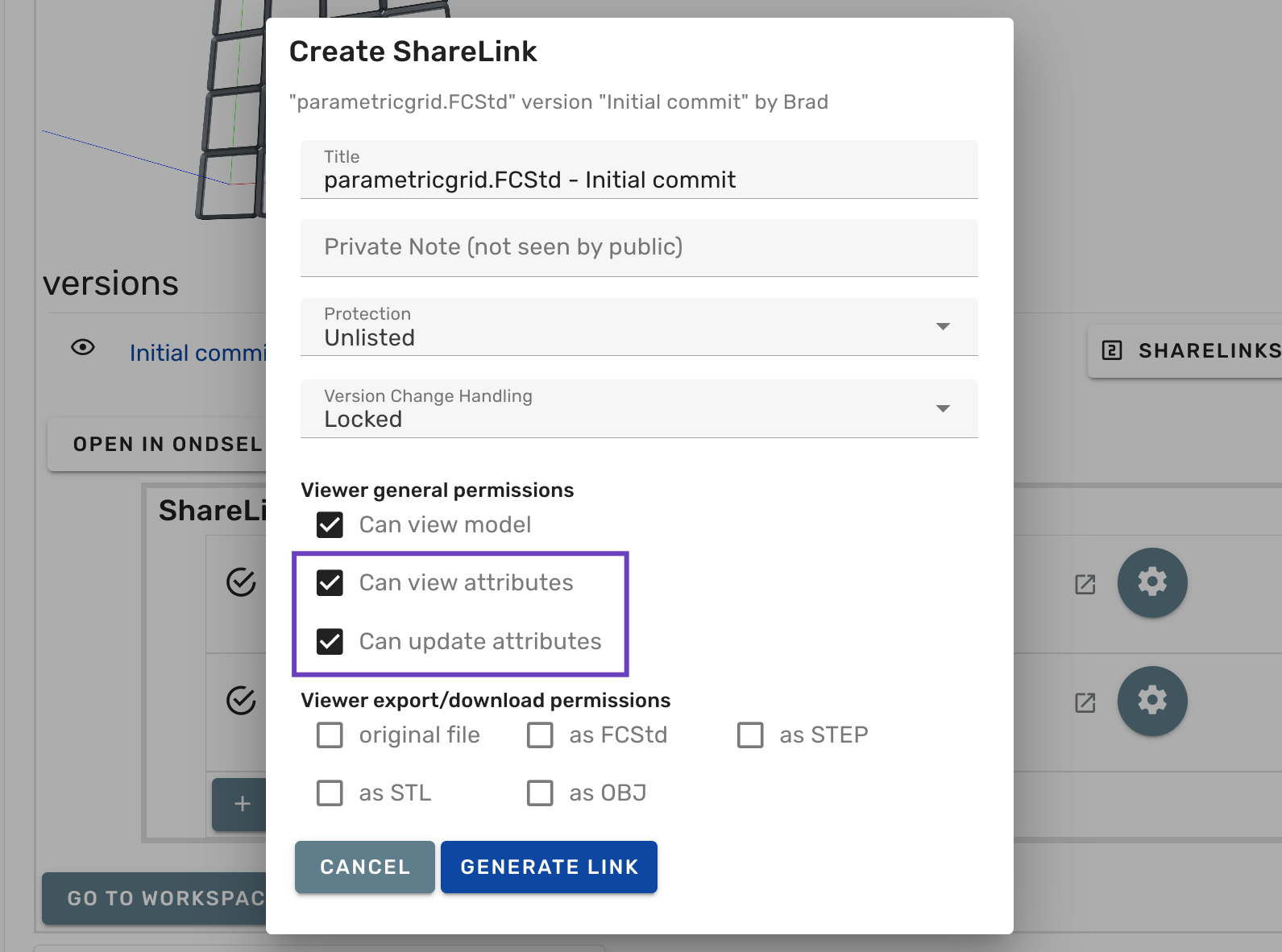 Model attributes in a share link